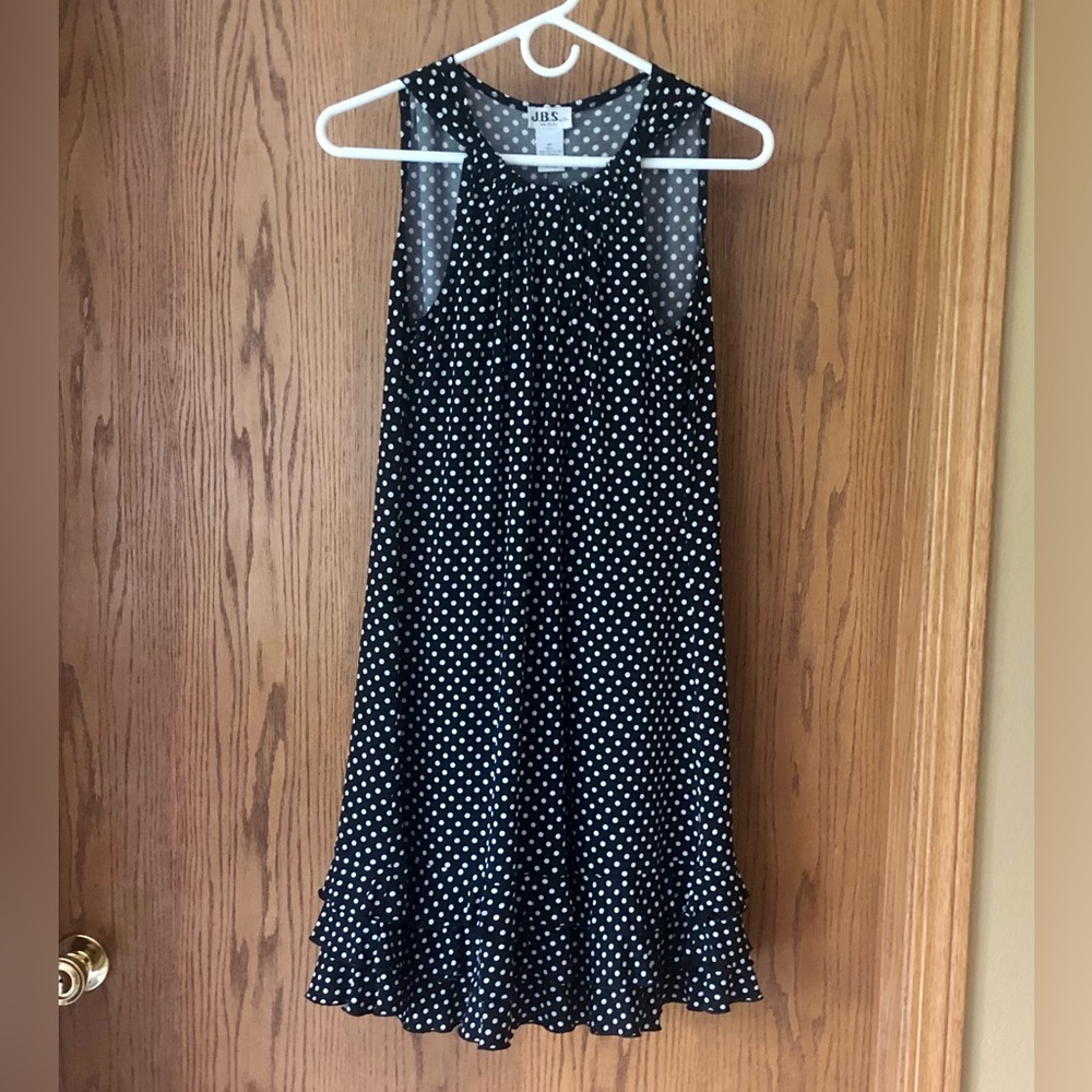 J.B.S. Black & White Polka Dot Babydoll Mini Dress - Size 6P Petite Ruffle Hem